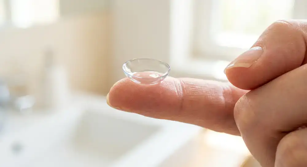 Close up of a premium contact lens resting on a fingertip
