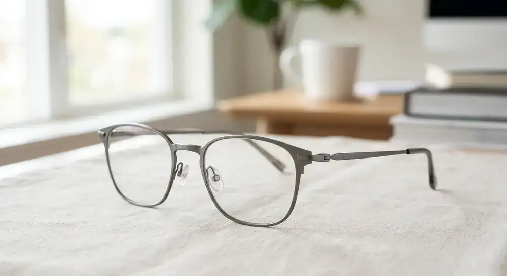 Sleek titanium eyeglasses on a soft background