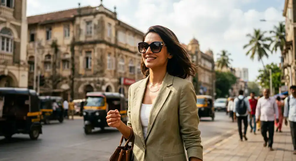 Model wearing designer sunglasses in Mumbai sunlight